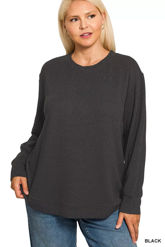 Zenana Full Size Raised Rib Round Neck Long Sleeve Top Plus Size in Black