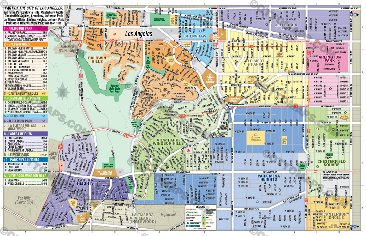 Arlington Park, Baldwin Hills, Chesterfield Square, Crenshaw, Jefferson Park, Ladera Heights, Leimert Park, Park Mesa Heights and View Park-Windsor Hills Map, Los Angeles County, CA - POSTER PRINTS