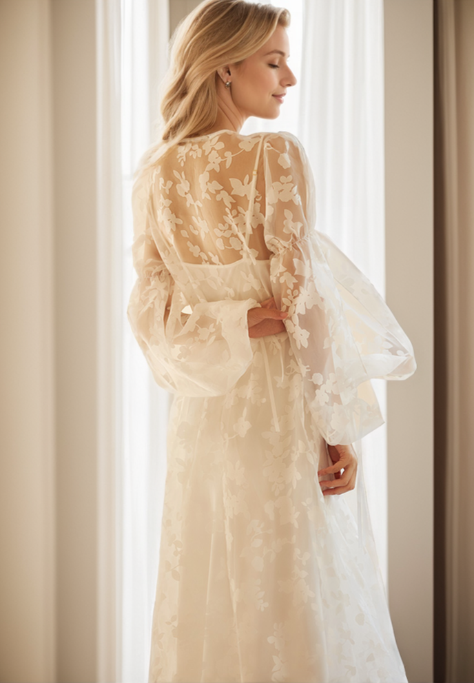 Ethereal Lace Long-Sleeve Sheer Bridal Robe Dress with Train