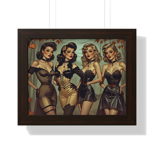 Spooky Beauties Retro Glam Framed Poster, Vintage Halloween Decor, Pin-Up Style