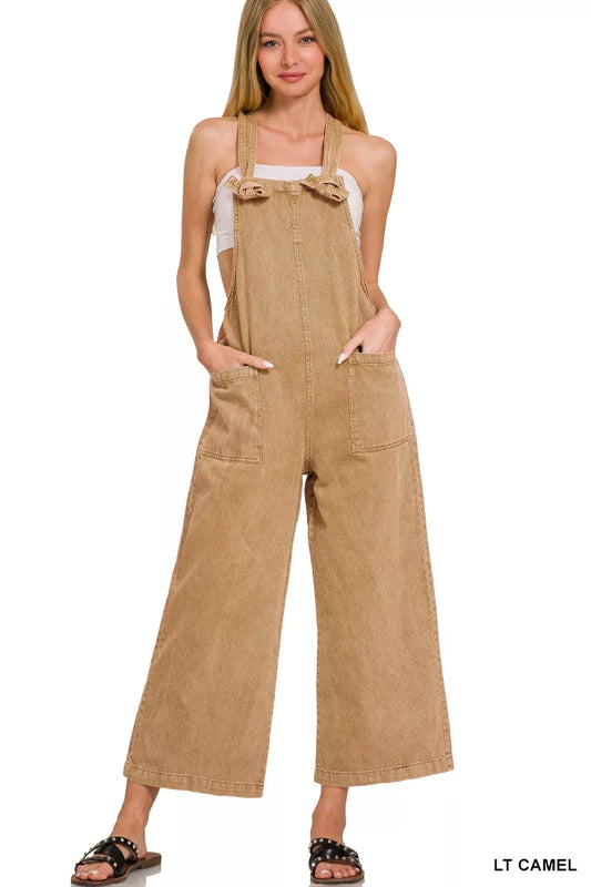 Zenana Washed Knot Strap Pockets Jumpsuit