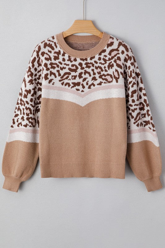 Leopard Colorblock Puff Sleeve Sweater