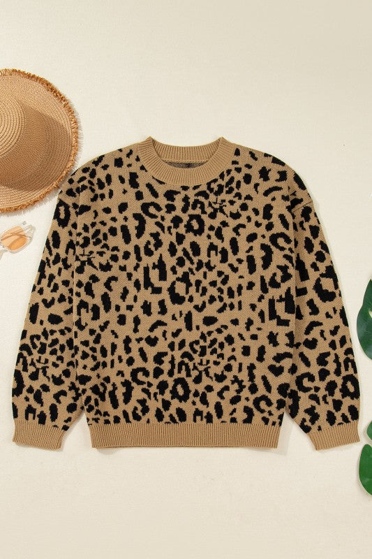 Leopard Ribbed Trim Crewneck Drop Shoulder Sweater