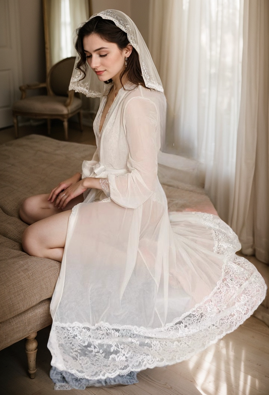 Elegant Sheer Mesh White Lace Long Bridal Robe Set
