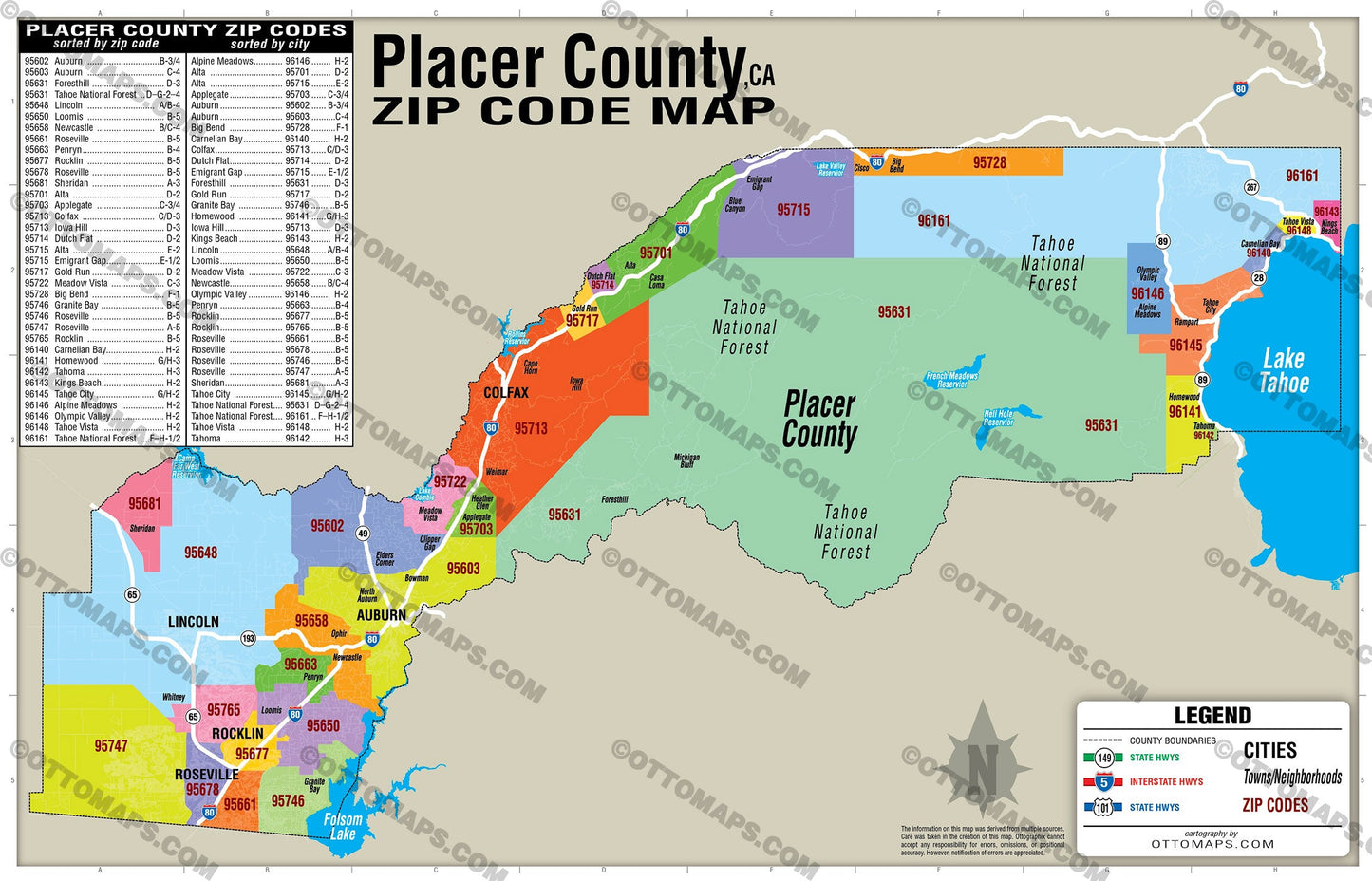 Placer County Zip Code Map - POSTER PRINTS