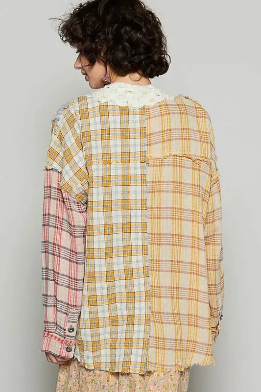 POL Raw Edge Plaid Open Front Cardigan