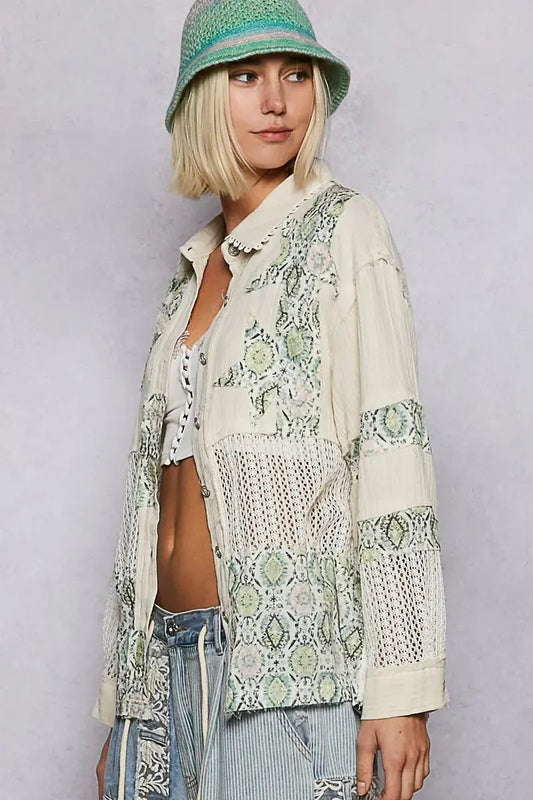 POL Printed Crochet Patchwork Button-Up Shirt