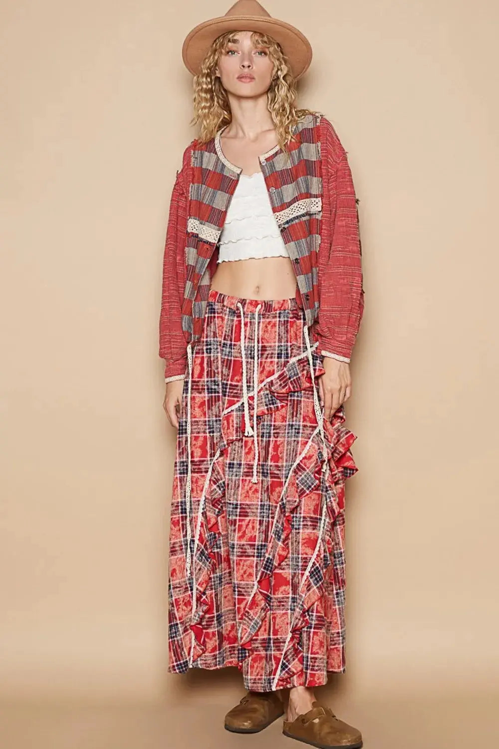 POL Round Neck Long Sleeve Plaid Shirt