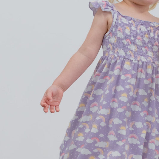 Lavender Rainbows and Clouds Smocked Vintage Dress