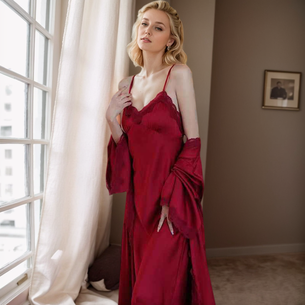 Luxury Satin & Lace Long Nightgown with Robe – Elegant Loungewear