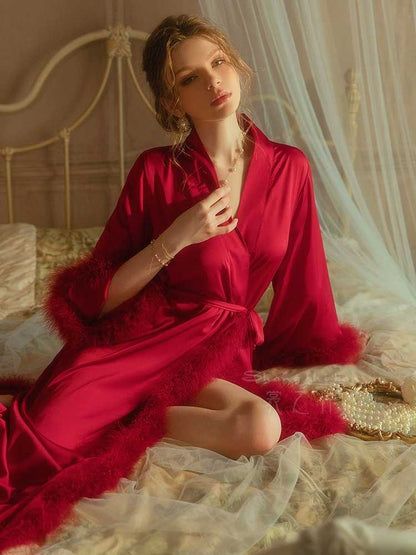 Elegant Satin Feather-Trimmed Robe & Nightdress Set - Luxury Bridal & Lounge Wear
