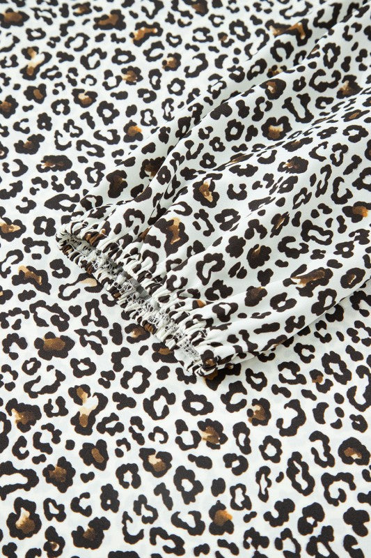 Plus Size Leopard Half-Button Collared Puff Sleeve