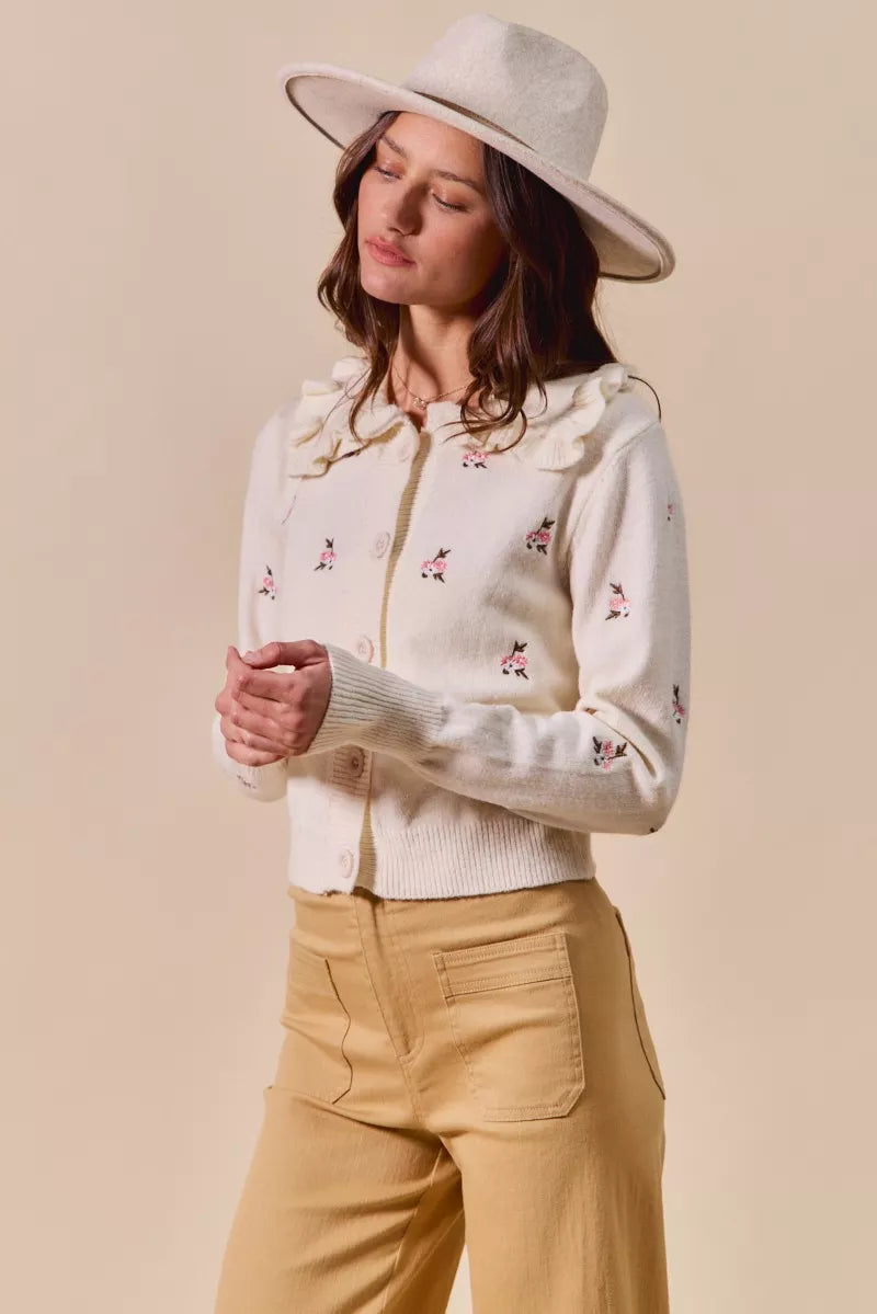 SO ME Collared Floral Embroidered Button Down Sweater Cardigan