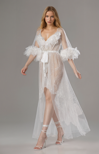 Luxury White Turkey Feather Lace Sheer Robe Dress Set | Bridal Getting Ready Gown