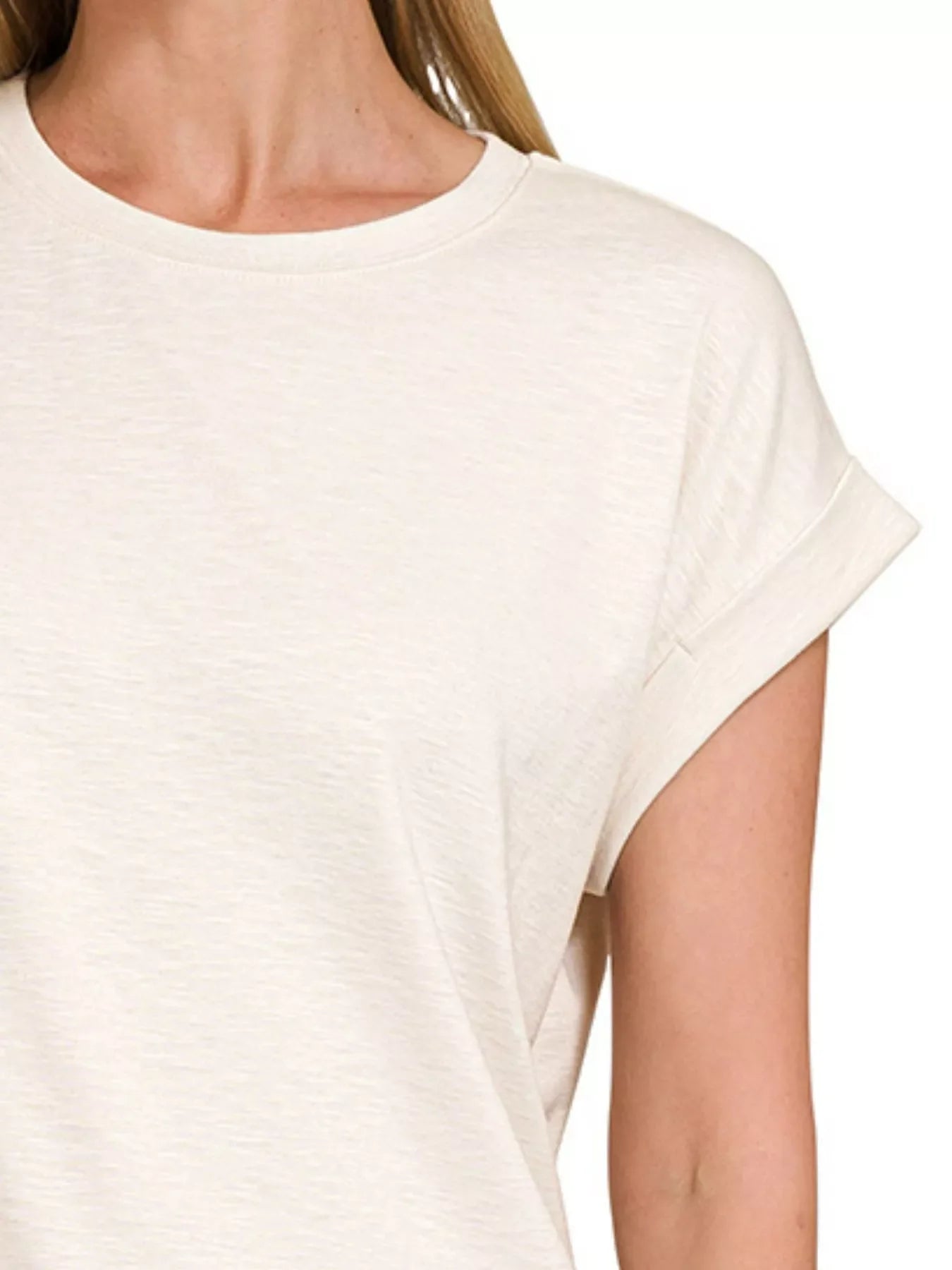 Zenana Full Size Cotton Modal Slub Rolled Sleeve T-Shirt Plus Size in Beige