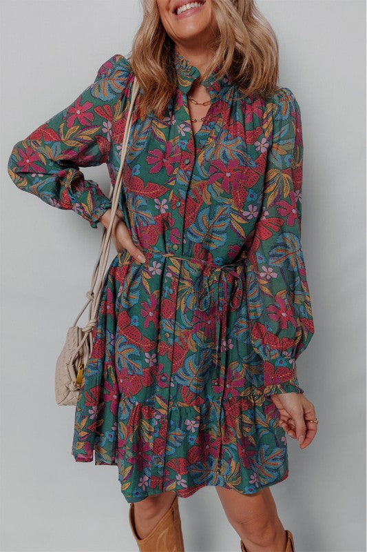 Floral Frilled V-Neck Puff Sleeve Ruffle Shirt Dress