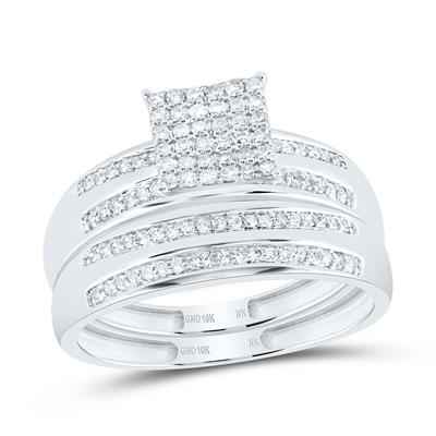 10K WG 1/2CTW-NATURAL DIAMOND SQUARE TRIO SET - HIS & HER WEDDING RING SET