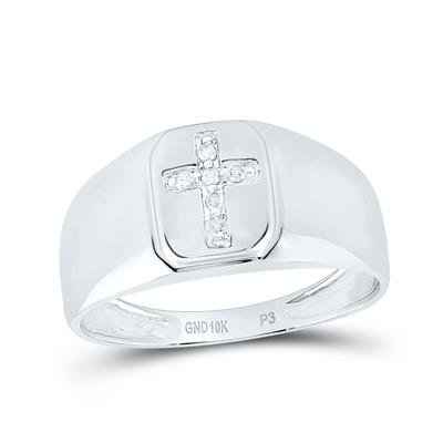 10k White Gold Round Diamond Cross Men's Band Ring 1/20 Cttw