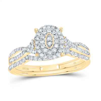 10K YELLOW GOLD 3/8CTW-NATURAL DIAMOND OVAL DOUBLE HALO BRIDAL SET RING