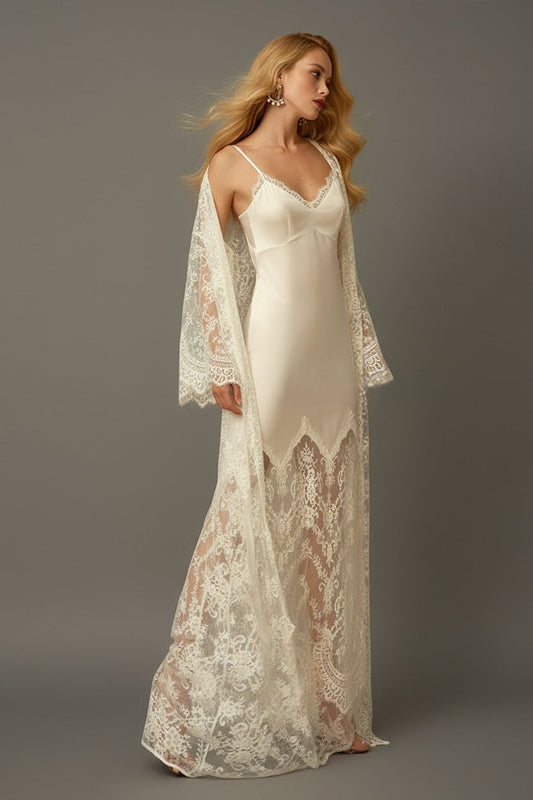 Chantilly Lace Long Robe with Silky Satin Lace Nightgown - next day shipping