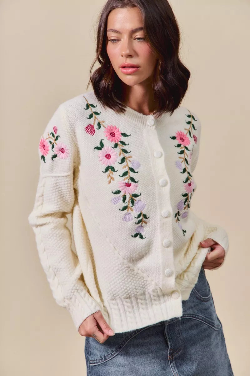 SO ME Floral Embroidered Coquette Sweater Cardigan