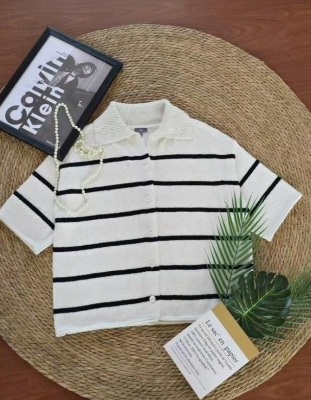 Women’s Knit Button Cardigan with Striped Short Sleeves