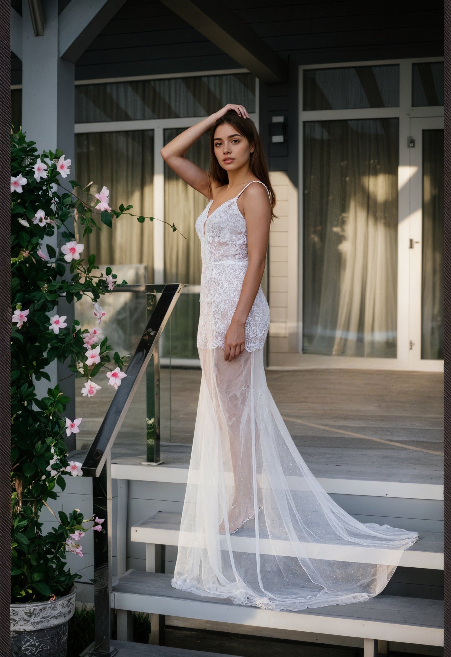 Ethereal Lace Sheer Long Robe with Flowing Train – Elegant Bridal Boudoir Gown