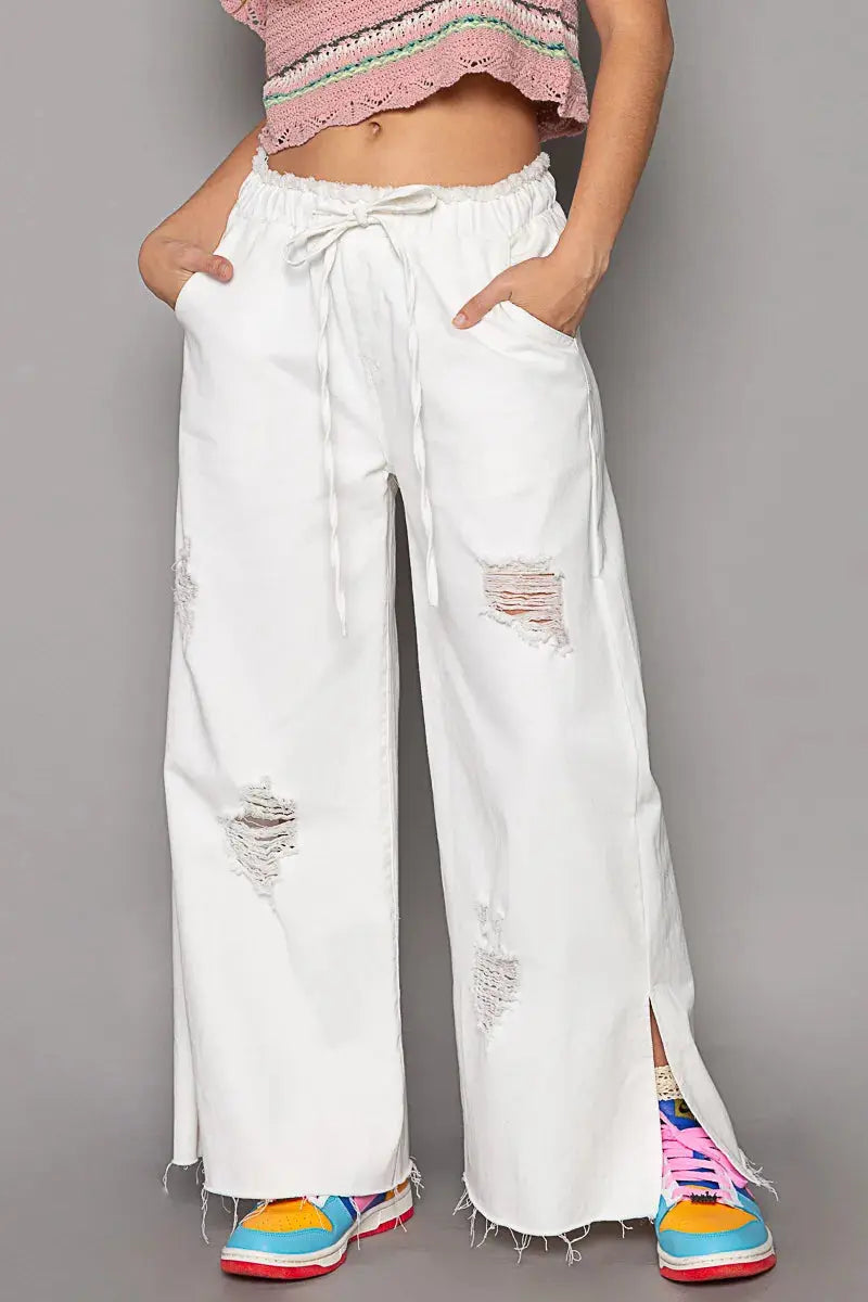 POL Distressed Drawstring Slit Wide leg Pants