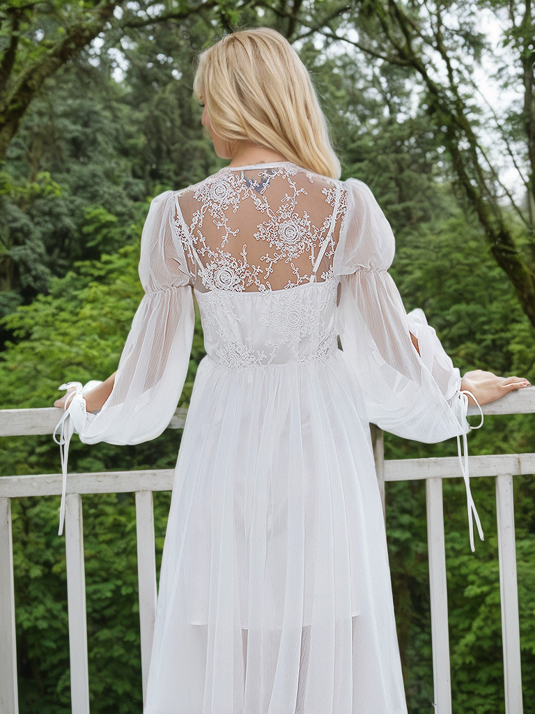 Boho Lace Embroidered Long Sheer Robe Set with Camisole Dress
