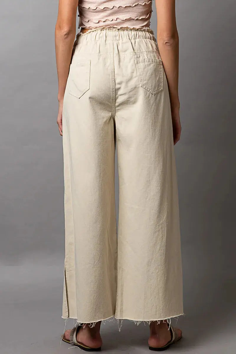 POL Distressed Drawstring Slit Wide leg Pants