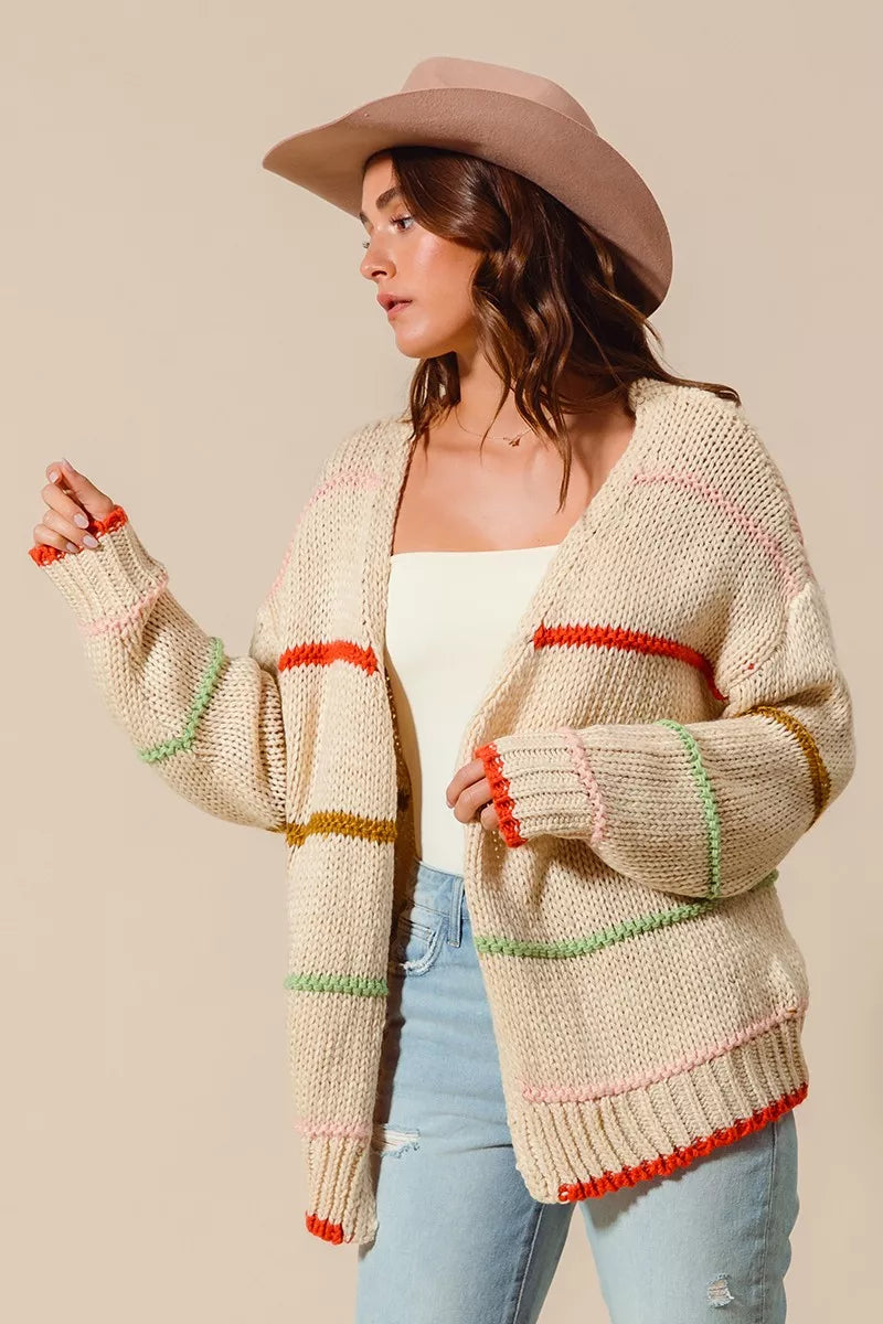 SO ME Loose Fit Multi Stripe Open Front Cardigan