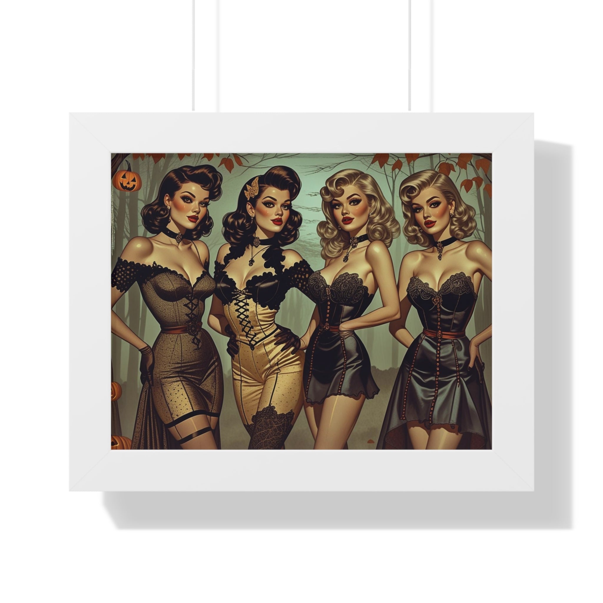 Spooky Beauties Retro Glam Framed Poster, Vintage Halloween Decor, Pin-Up Style