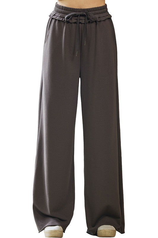 Plus Ruffle Wide Leg Fray Hem Sweatpants