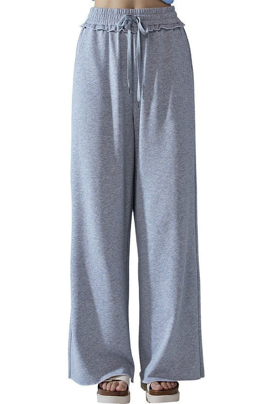 Plus Ruffle Wide Leg Fray Hem Sweatpants