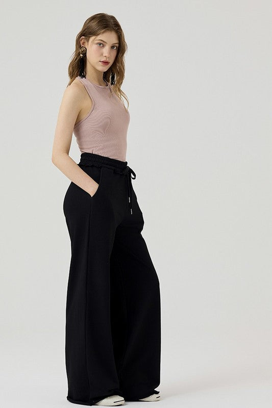 Plus Ruffle Wide Leg Fray Hem Sweatpants