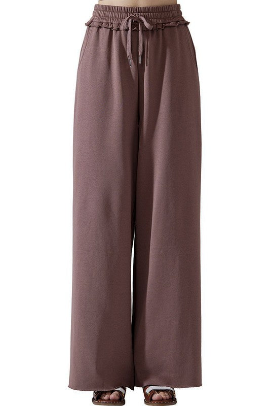 Plus Ruffle Wide Leg Fray Hem Sweatpants