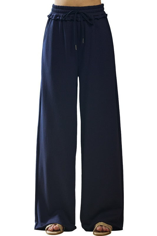 Plus Ruffle Wide Leg Fray Hem Sweatpants