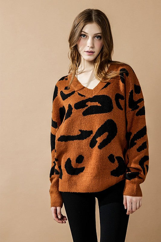 Plus Fuzzy Mohair Jacquard V-Neck Leopard Sweater