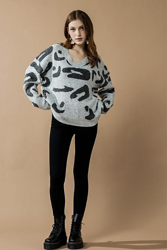 Plus Fuzzy Mohair Jacquard V-Neck Leopard Sweater