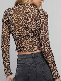 Miss Sparkling |Cropped Mesh Leopard Long  Sleeve Top