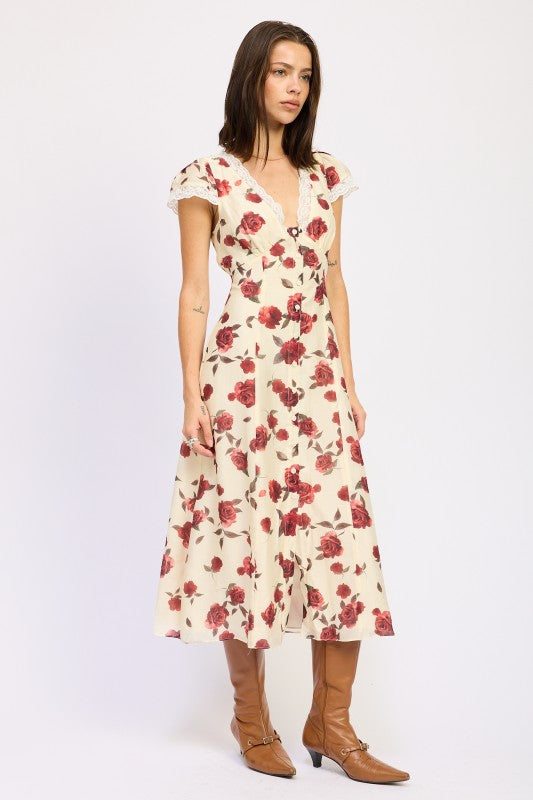 Emory Park Floral Midi Dress with Cap Sleeve and Lace Detail