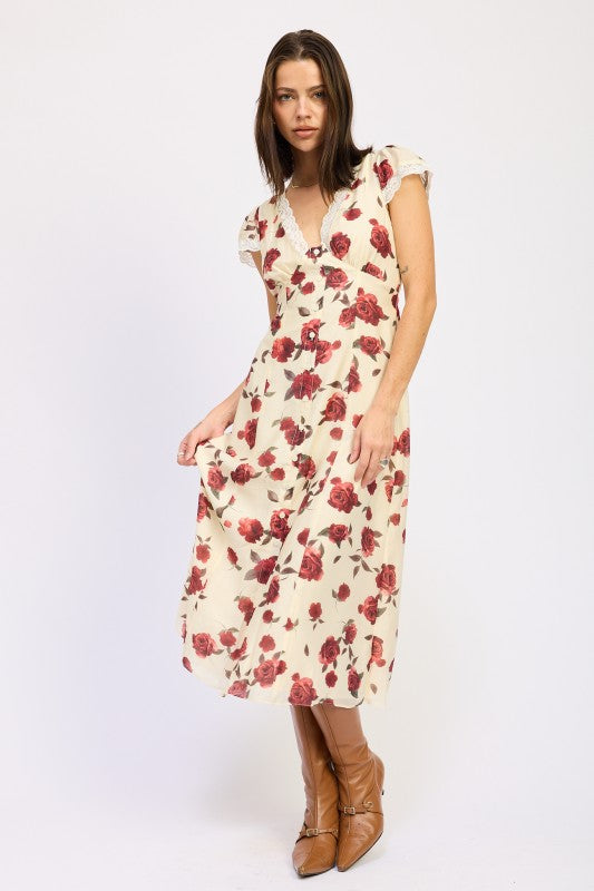 Emory Park Floral Midi Dress with Cap Sleeve and Lace Detail