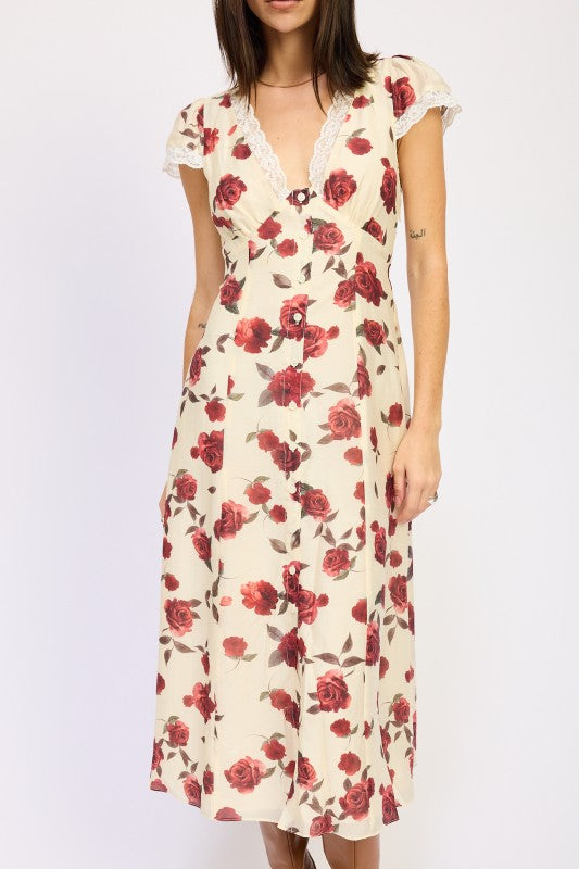 Emory Park Floral Midi Dress with Cap Sleeve and Lace Detail