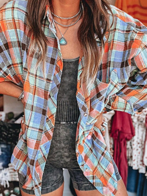 Cotton Boho Red Mint Plaid Button Shirt Shacket