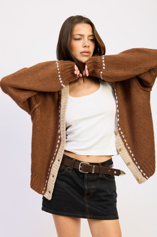 Emory Park Button Down Contrasted Cardigan in Chocolate