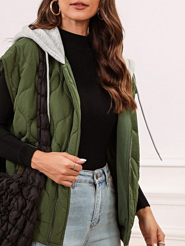 Oversized Drawstring Hooded Zip Up Puffer Vest