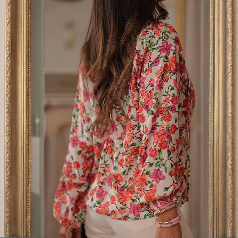 Boho Floral V-Neck Drawstring Blouse