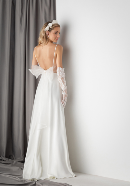 Minimalist Satin Wedding Dress with Delicate Bow Back & Sheer Gloves