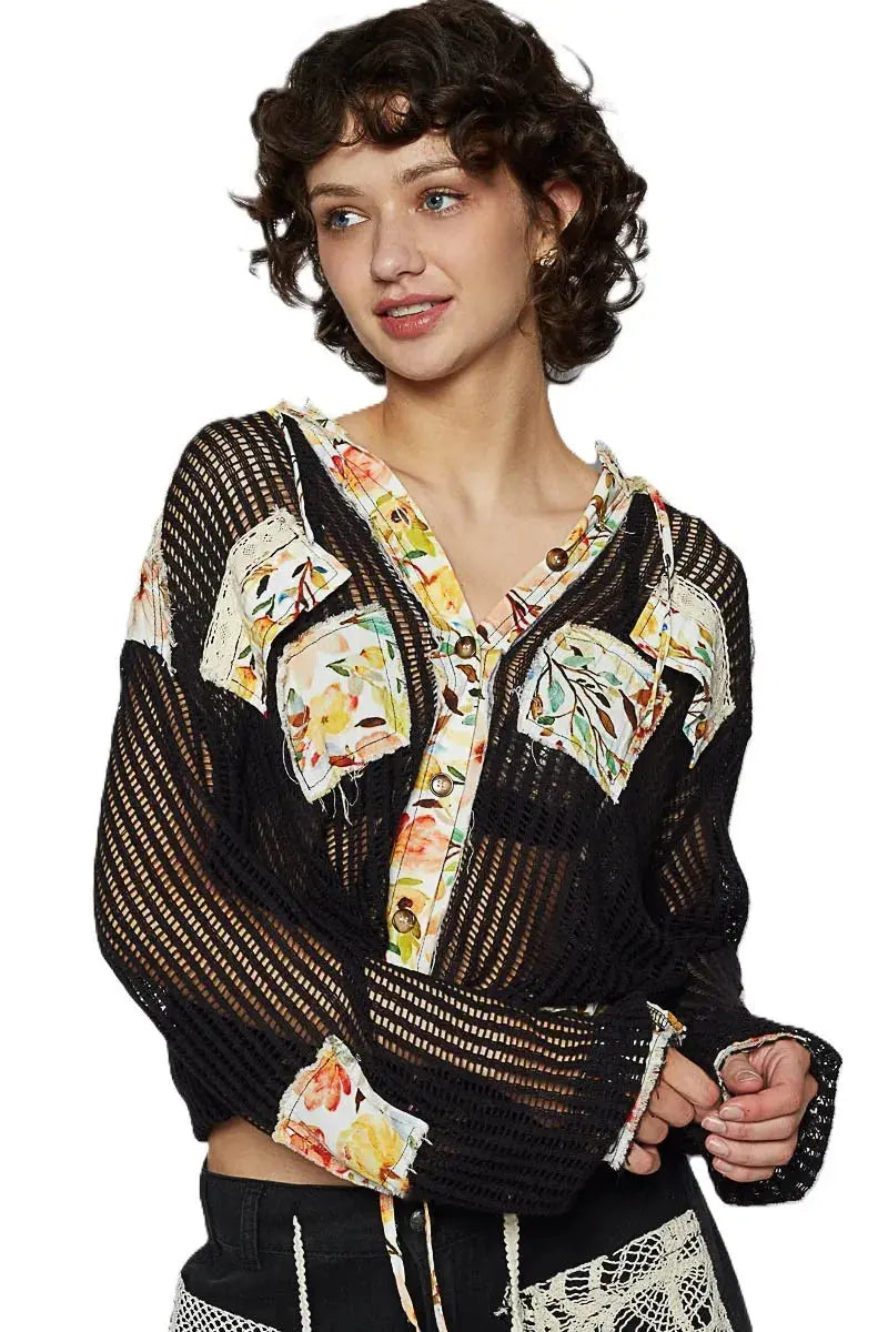 POL Vintage Washed Crochet Hoodie Jacket With Patchwork