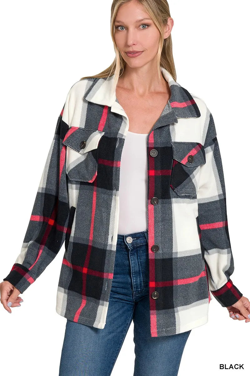 Zenana Oversized Plaid Fleece Shacket in Black
